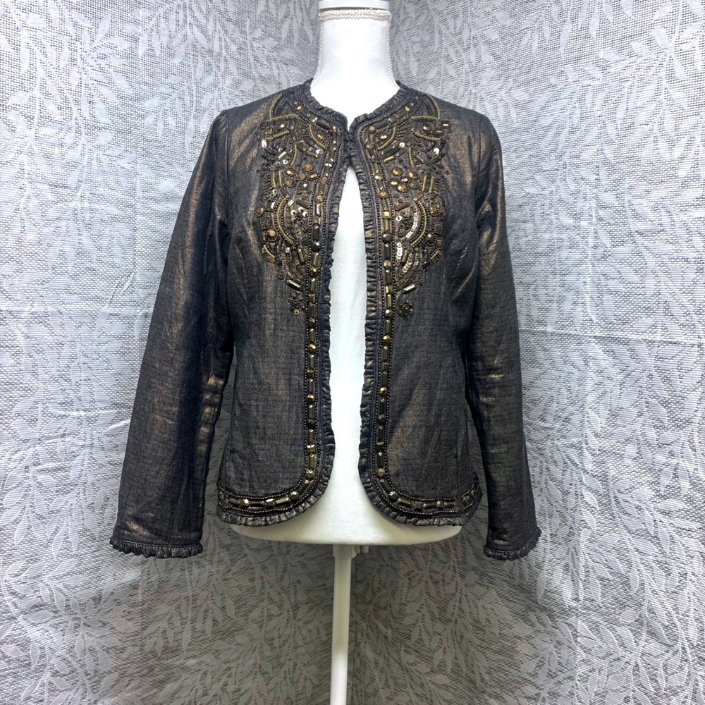 Vtg Chicos Bronze Metallic Beaded Steampunk‎ Jacket Womens 0 Embroidered Bolero